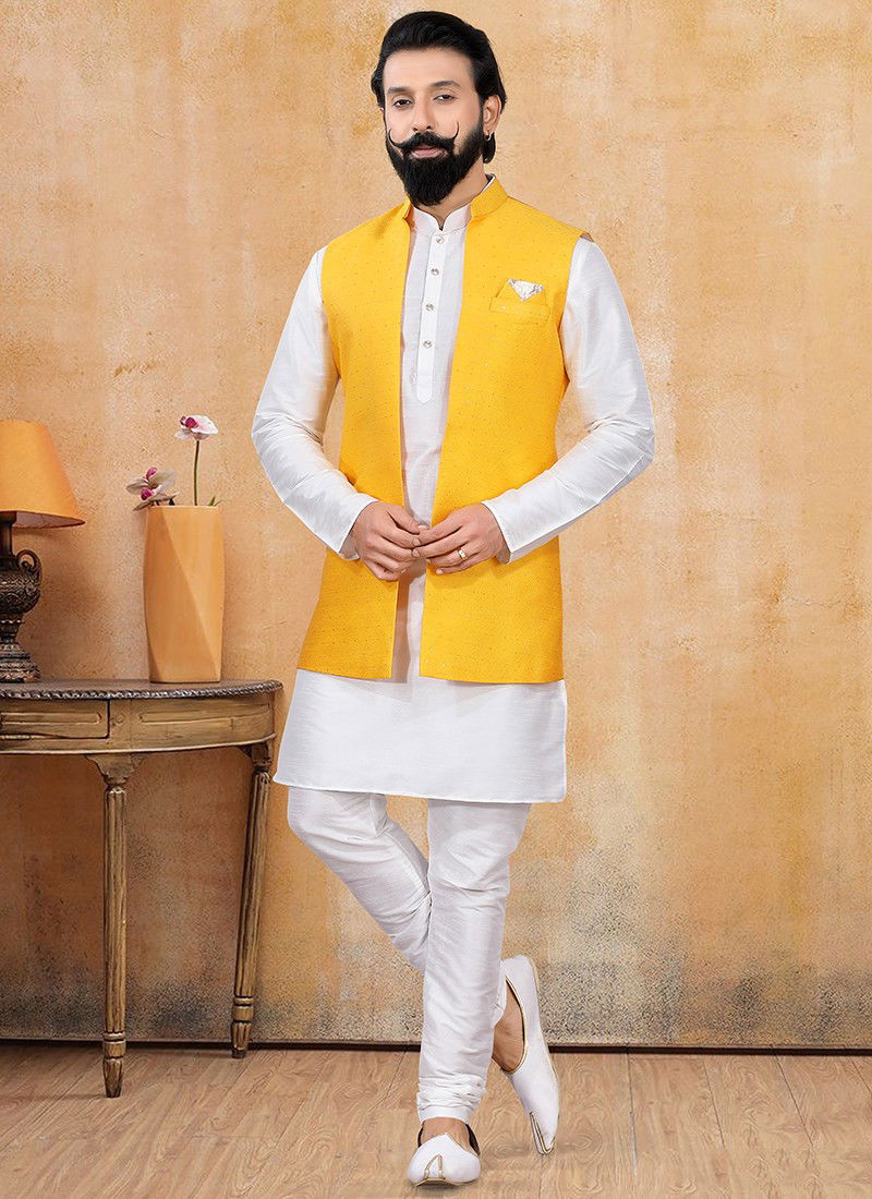 Yellow Designer Wedding Wear Kurta Pajama With Jacket Collection 1341